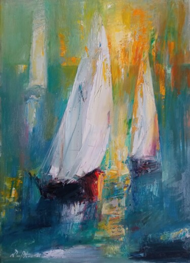 Painting titled "Boats (58x42cm, oil…" by Mateos Sargsyan, Original Artwork, Oil