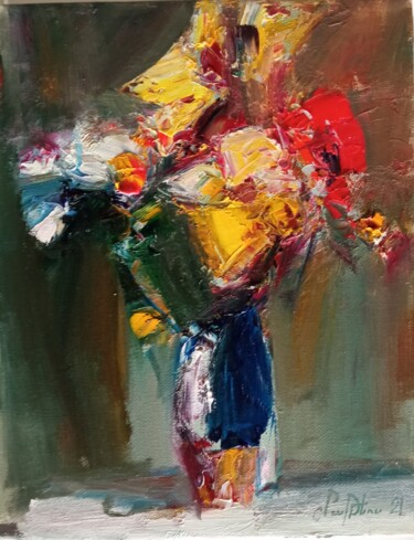 Painting titled "Red and yellow popp…" by Mateos Sargsyan, Original Artwork, Oil Mounted on Wood Stretcher frame
