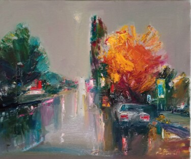 Painting titled "City life (45x55cm,…" by Mateos Sargsyan, Original Artwork, Oil Mounted on Wood Stretcher frame