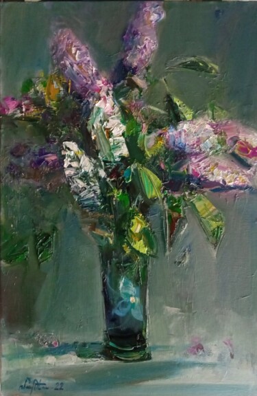 Painting titled "Abstract lilacs (50…" by Mateos Sargsyan, Original Artwork, Oil Mounted on Wood Stretcher frame