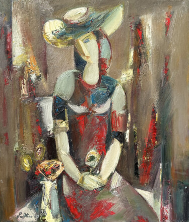 Painting titled "Woman with hat (70x…" by Mateos Sargsyan, Original Artwork, Oil Mounted on Wood Stretcher frame