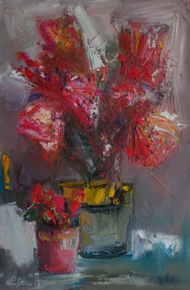 Painting titled "Red flowers in vase…" by Mateos Sargsyan, Original Artwork, Oil Mounted on Wood Stretcher frame