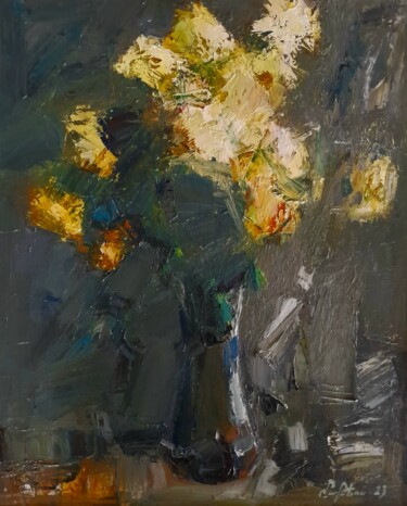 Painting titled "Abstract asters (45…" by Mateos Sargsyan, Original Artwork, Oil Mounted on Wood Stretcher frame