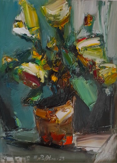 Painting titled "Abstract flowers  -…" by Mateos Sargsyan, Original Artwork, Oil Mounted on Wood Stretcher frame