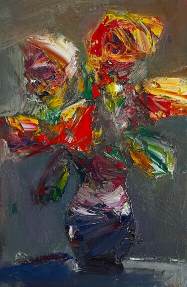 「Abstract flowers in…」というタイトルの絵画 Mateos Sargsyanによって, オリジナルのアートワーク, オイル ウッドストレッチャーフレームにマウント