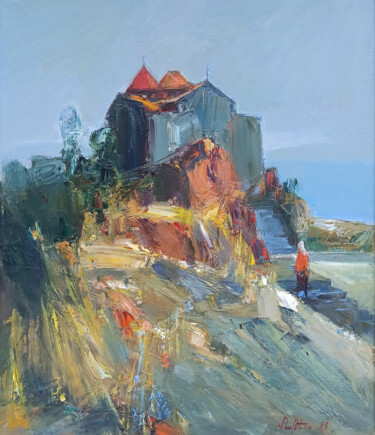 Painting titled "Way to the church" by Mateos Sargsyan, Original Artwork, Oil Mounted on Wood Stretcher frame