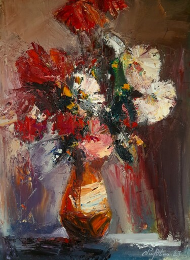 Painting titled "Flowers in vase" by Mateos Sargsyan, Original Artwork, Oil Mounted on Wood Stretcher frame