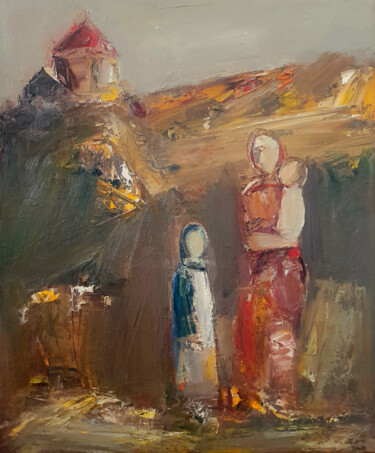 Painting titled "Survivors' Solace" by Mateos Sargsyan, Original Artwork, Oil Mounted on Wood Stretcher frame