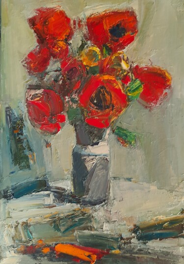 Painting titled "Vivid Poppies in Bl…" by Mateos Sargsyan, Original Artwork, Oil Mounted on Wood Stretcher frame