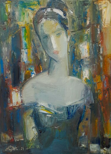 Painting titled "Contemplative Beauty" by Mateos Sargsyan, Original Artwork, Oil Mounted on Wood Stretcher frame