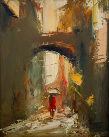 Painting titled "A walk in the rain" by Mateos Sargsyan, Original Artwork, Oil Mounted on Wood Stretcher frame