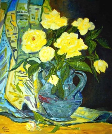 Painting titled "roses jaunes" by Mateos, Original Artwork, Oil