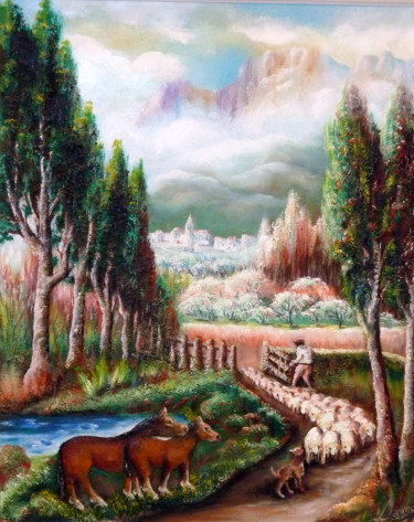 Painting titled "PAISAJE CON CABALLO…" by Materia Y Arte, Original Artwork, Oil