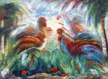 Painting titled "PELEA DE GALLOS (4)" by Materia Y Arte, Original Artwork, Oil