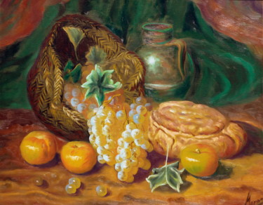 Painting titled "BODEGON PAN Y UVAS" by Materia Y Arte, Original Artwork, Oil