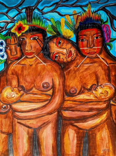 Malerei mit dem Titel "As mães yanomami" von Matheus Azevedo (Mathenovê), Original-Kunstwerk, Acryl