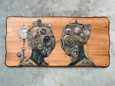 Sculpture titled "Couple Steampunk gr…" by Mathieu Loaec (Les curiosités de Mat), Original Artwork, Engraving
