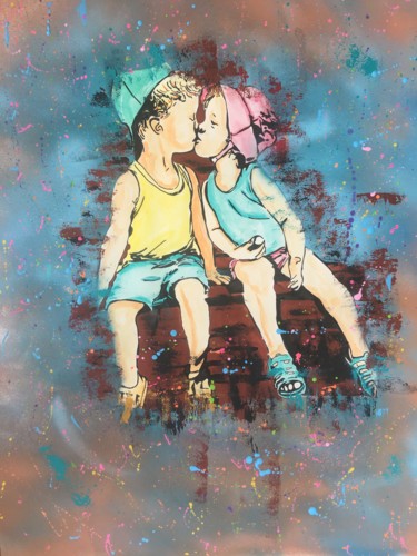 Peinture intitulée "Bisous d’enfant" par Mbkza, Œuvre d'art originale, Acrylique