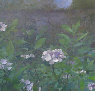 Painting titled "hortensias au jardin" by Mathieu Weemaels, Original Artwork, Oil