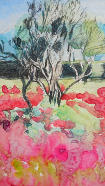 Peinture intitulée "champ de coquelicot…" par Mathilde Groult, Œuvre d'art originale, Aquarelle