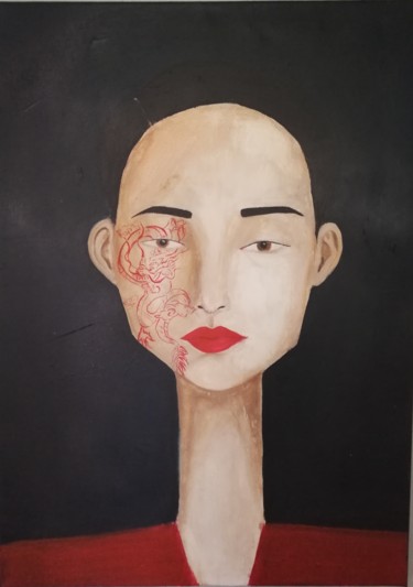 Painting titled "Vrouw met Rode Inkt" by Mathilde Lâm, Original Artwork, Acrylic