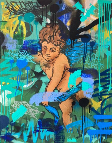 Schilderij getiteld "Ange Bleu" door Reyes, Origineel Kunstwerk, Graffiti