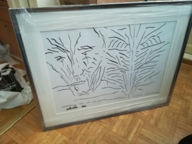 Drawing titled "Totuuden tuolla puo…" by Pertti Matikainen, Original Artwork, Marker Mounted on Wood Panel