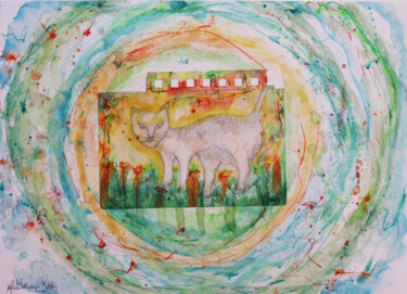 Pittura intitolato "Kosmo gata en jardi…" da Matilde Cánepa González, Opera d'arte originale, Acquarello
