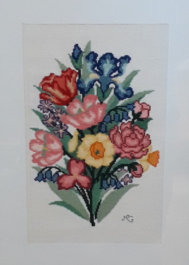 Art textile intitulée "Bouquet de fleurs" par Nathalie Gautier, Œuvre d'art originale, Broderie