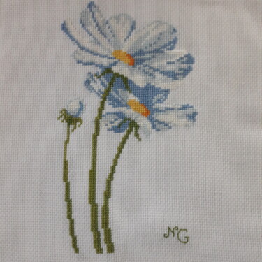 纺织艺术 标题为“Fleurs bleues” 由Nathalie Gautier, 原创艺术品, 刺绣