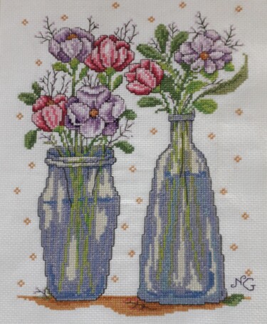 Textilkunst mit dem Titel "Les deux vases" von Nathalie Gautier, Original-Kunstwerk, Stickerei