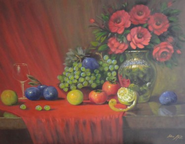 Pintura intitulada "Frutas e flores" por Maria Helena Matos, Obras de arte originais, Óleo
