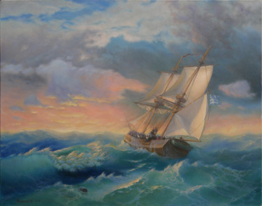 Картина под названием "Sunset a sea" - Yuriy Matrosov, Подлинное произведение искусства, Масло