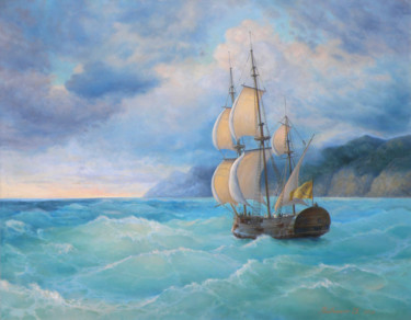Картина под названием "Among the waves" - Yuriy Matrosov, Подлинное произведение искусства, Масло