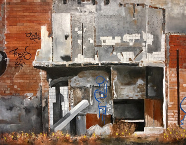 绘画 标题为“Desolated Backyard” 由Mats Pehrson, 原创艺术品, 油 安装在木质担架架上