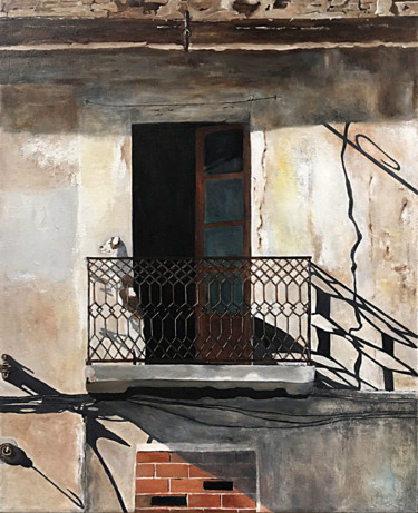 Peinture intitulée "Dog on Balcony" par Mats Pehrson, Œuvre d'art originale, Huile Monté sur Châssis en bois