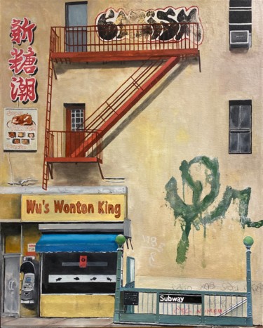 Painting titled "165 East Broadway" by Mats Pehrson, Original Artwork, Oil Mounted on Wood Stretcher frame