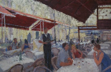 Schilderij getiteld "Bistrot de Mirabeau" door Toshio Matsuda, Origineel Kunstwerk, Olie