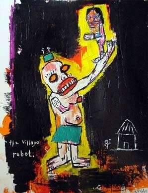 Painting titled "village robot" by Matt Sesow, Original Artwork