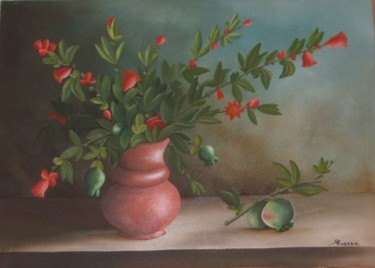 Painting titled "melograni in fiore" by Matteo Guerra, Original Artwork, Oil Mounted on Wood Stretcher frame