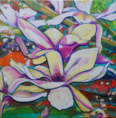 Painting titled "Magnolien-I" by Matthias Bargholz, Original Artwork, Oil Mounted on Wood Stretcher frame