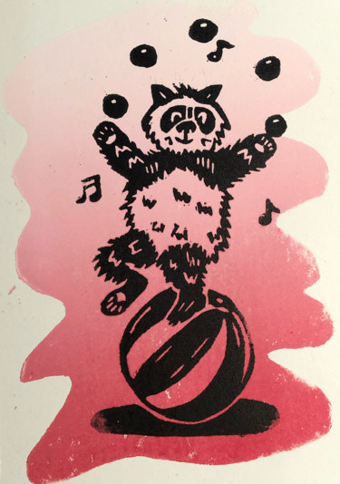 Gravures & estampes intitulée "Panda Joy" par Matthias Köppen, Œuvre d'art originale, Linogravures
