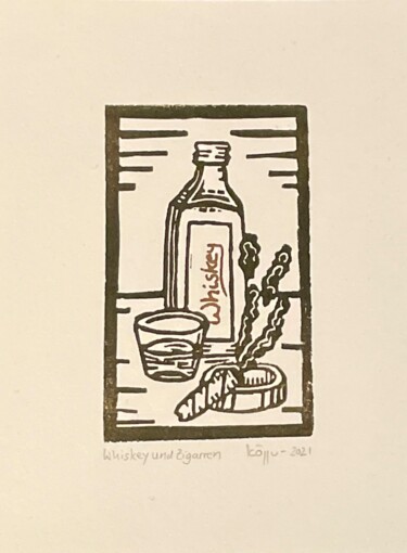 Printmaking titled "Whiskey and Cigars" by Matthias Köppen, Original Artwork, Linocuts