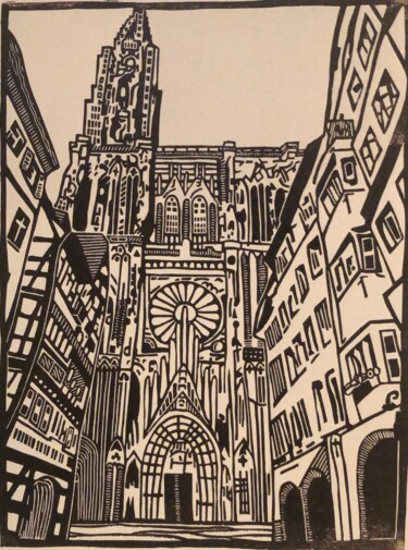 Prenten & gravures getiteld "Strasbourg Cathedral" door Matthias Köppen, Origineel Kunstwerk, Linosnede