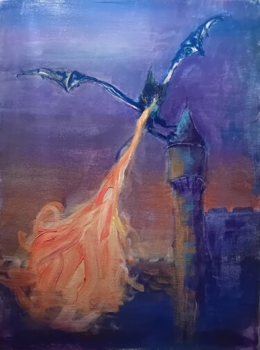 Картина под названием "Le dragon de la tour" - Matthieu Aiello, Подлинное произведение искусства, Акрил Установлен на Деревя…