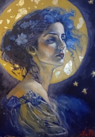 Painting titled "La lune rêve" by Matthieu Aiello, Original Artwork, Acrylic Mounted on Wood Stretcher frame