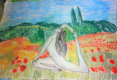 Disegno intitolato "joga-in-the-forest-…" da Mattia Baldin, Opera d'arte originale, Pastello