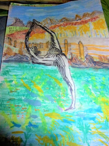 Drawing titled "joga-in the sea" by Mattia Baldin, Original Artwork, Pastel