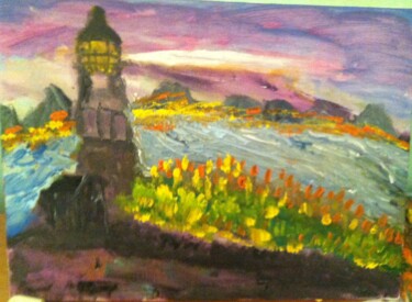 Painting titled "paesaggio con faro" by Mattia Baldin, Original Artwork, Oil