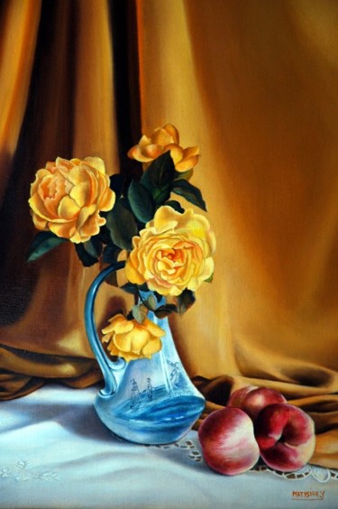 Peinture intitulée "BOUQUET DE ROSES JA…" par Yvette Matysiak, Œuvre d'art originale, Huile
